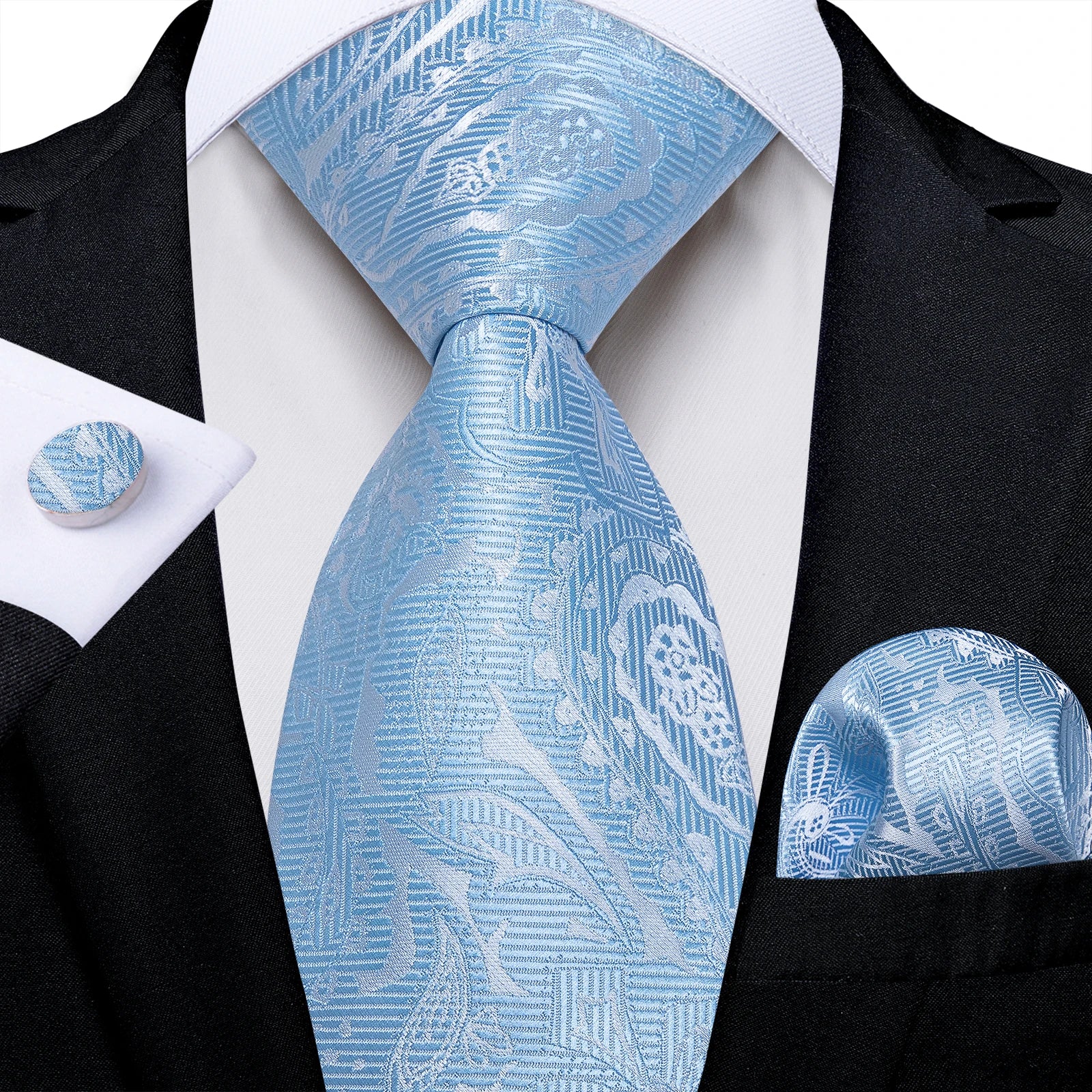 Light Blue Men's Tie Set Handkerchief Cufflinks Solid Paisley Floral Wedding Party Formal Groom Suits Accessories Gift Husband