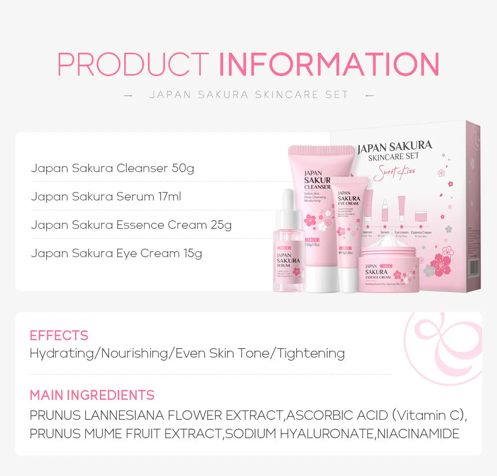 LAIKOU Sakura Skin Care Sets Facial Cleanser Eye Creams Face Cream Serum Lotion Toner Brightening Moisturizing Face Care Kit
