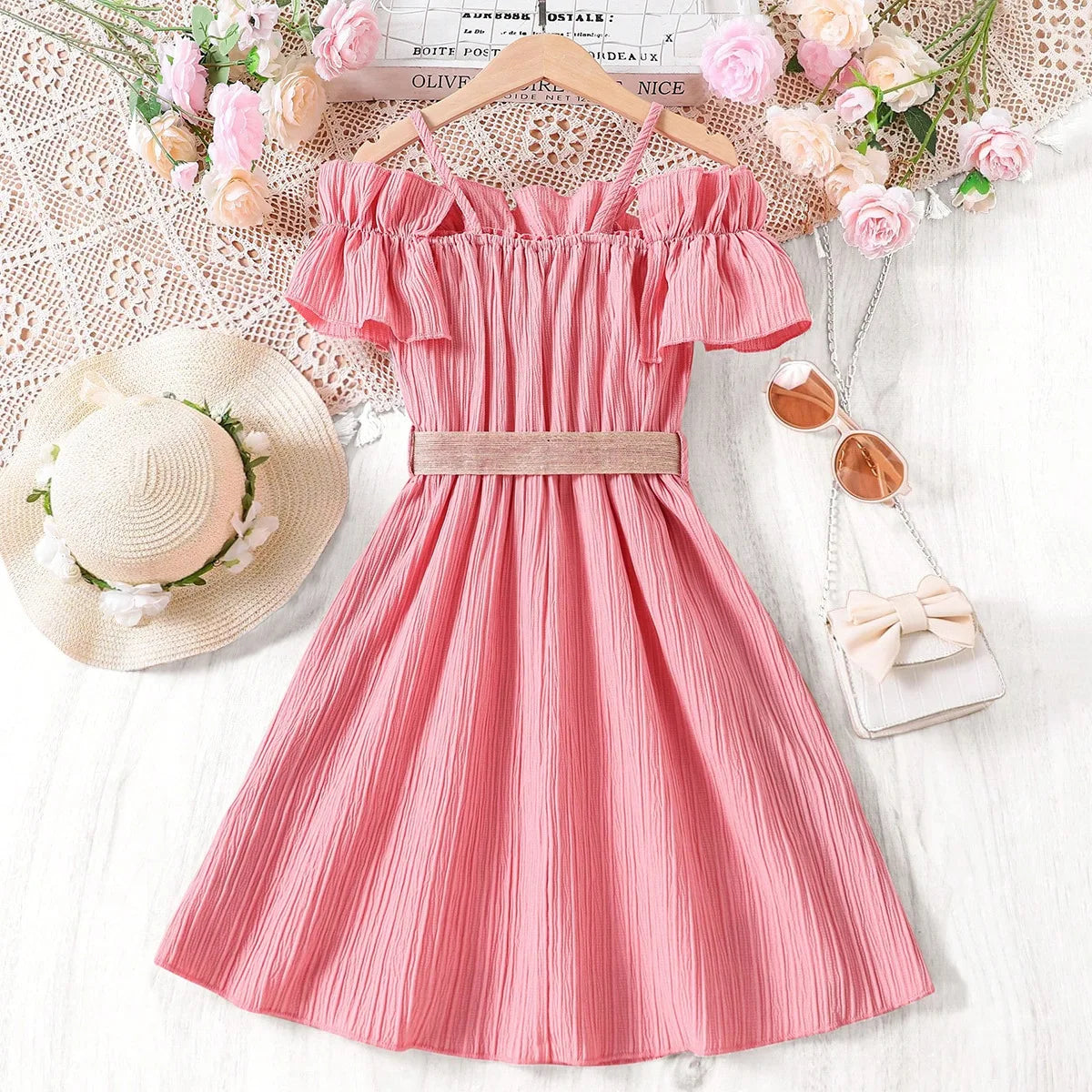 Summer Girl Dress Off Shoulder Fashion Girl Clothes Teenager Beach Dress with Belt Kid Outfits Children Clothing Plus Size Teens