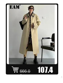 EAM Gray Spliced Pleated Personality Blazer Women New Lapel Long Sleeve Loose Fit Jacket Fashion Tide Spring Autumn 2025 30A1252