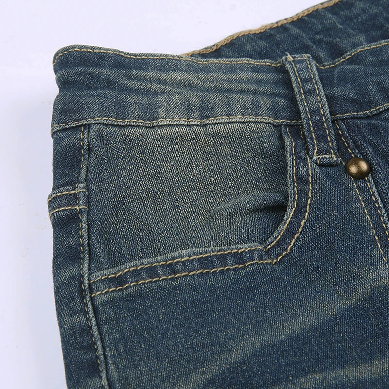 Rockmore Vintage Low Waist Flare Jeans Women Y2K Chic Rivet Slim Pencil Jean Pants Streetwear Fashion Retro Denim Trouser Korean