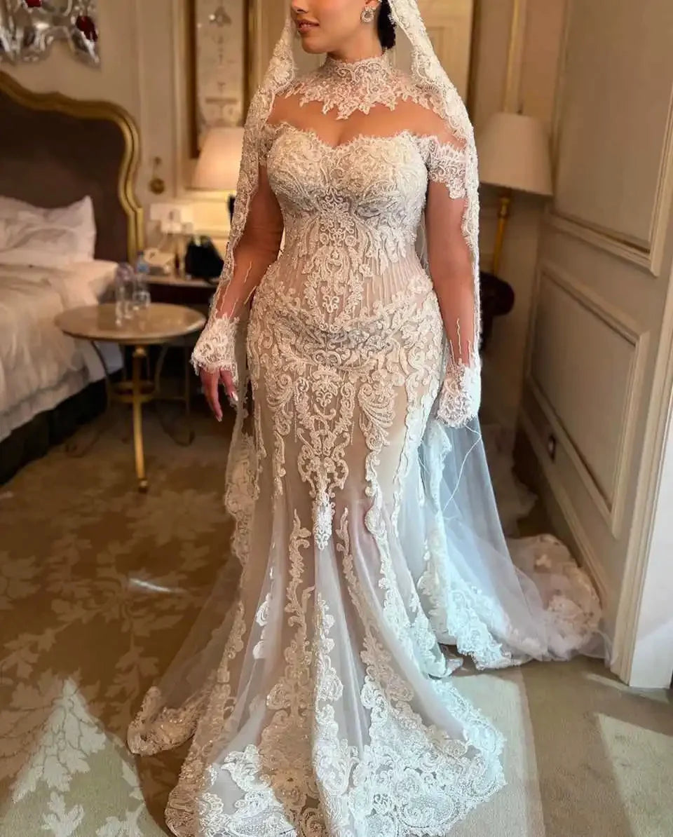 FW Vintage Mermaid Wedding Dresses High Neck Appliques Lace Long Sleeve Bridal Gown Sweep Train Customized Vestido De Noiva