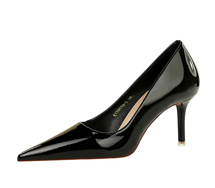 BIGTREE Elegant Simple Woman Heels Slim Heels High Heels Shallow Mouth Pointed Crystal Patent Leather Single Shoes  Women Shoes
