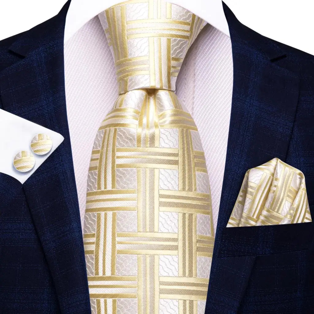 Hi-Tie Champagne Ivory Floral Solid Design Silk Wedding Tie For Men Quality Hanky Cufflink Fashion Nicktie Business Dropshipping
