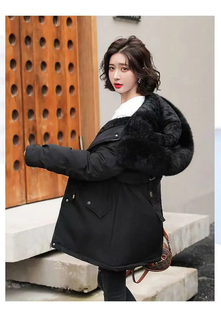 2025 Winter New Korean Edition Loose Thicken Cotton Jacket Women's Big Fur collar Hooded Coat Female Casual Warm Parker Overcoat