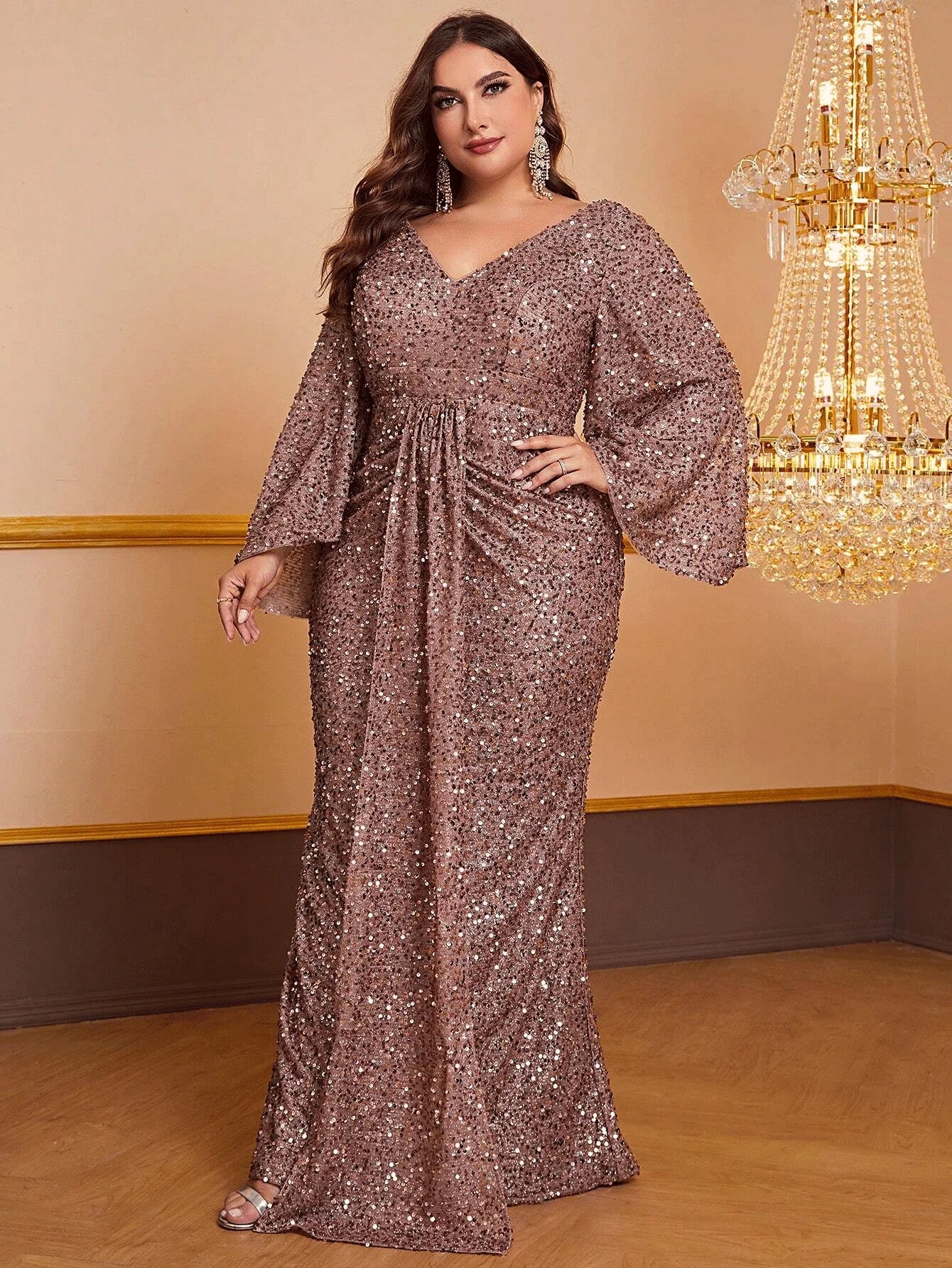Plus Size Women's Long Sequin Dress, Plus Size, V Neck, Apricot, Shiny, Loose, Autumn, Evening Dress, Long Sleeve, 5XL, 6XL