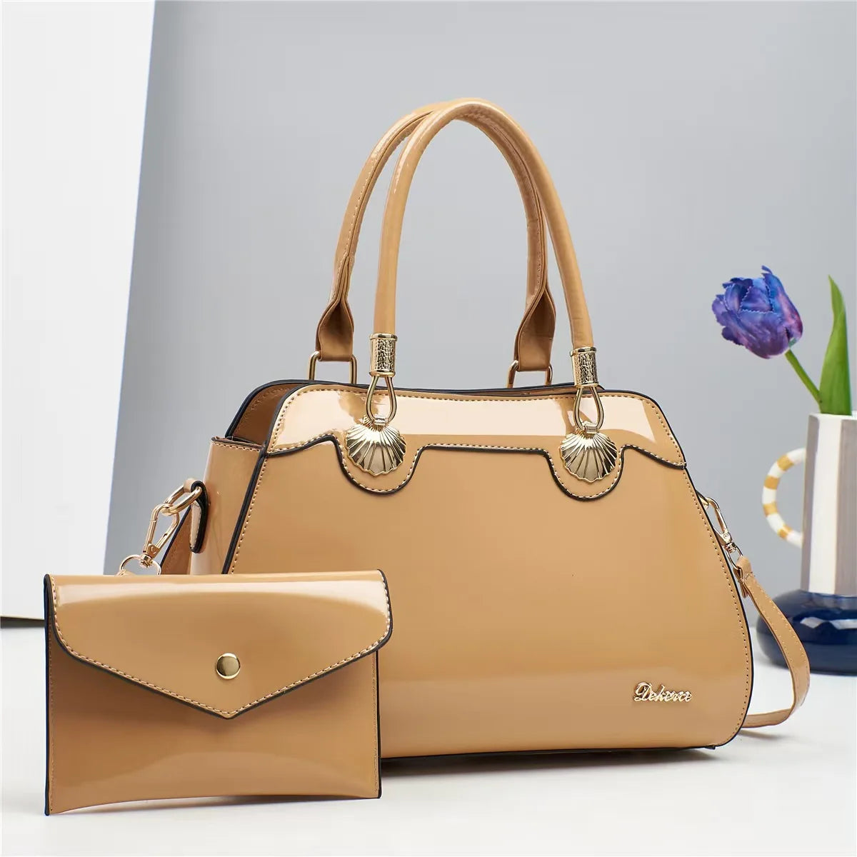 Bright Leather Top-handle Bag For Women Large Capacity Shoulder Bag with Clutch Handbag Purse, Female Shopping Messenger Tote