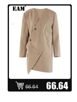 [EAM] Women Beige Irregular Hem Buckle Long Elegant Blazer New Lapel Long Sleeve Jacket Fashion Tide Spring Autumn 2025 CPDB133