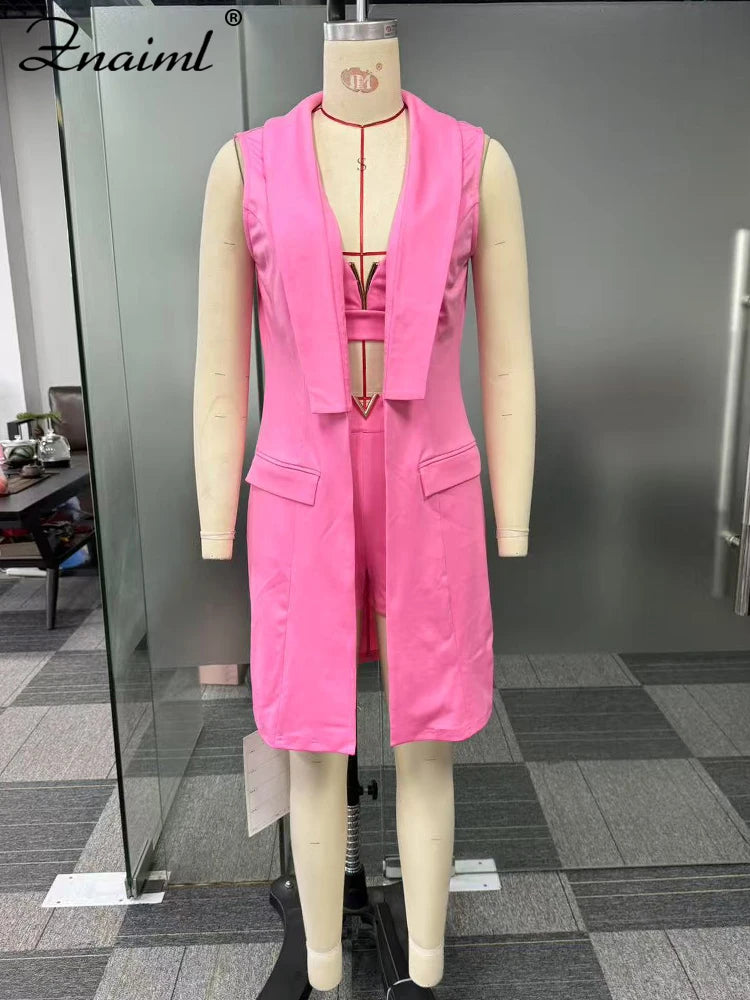 Znaiml Women's Fashion New Tank Top and Shorts 3 Pieces Set with Vest Coat Summer Casual Vacation Party Office Lady Outfits 2025
