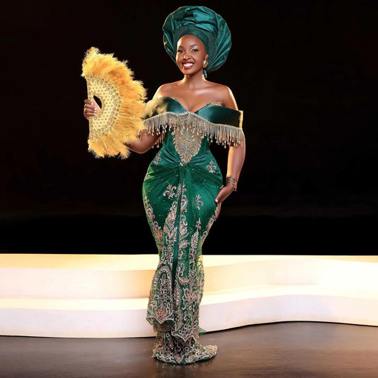 Aso Ebi Long Evening Dresses Green African Wedding Party Gowns Beaded Tassels Nigerian Traditional Prom Dress Applique