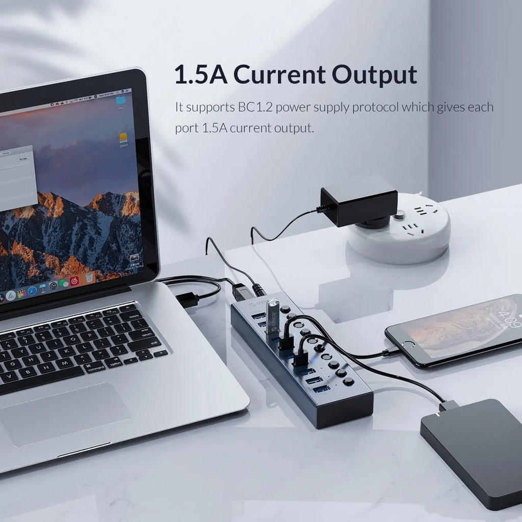 ORICO Aluminum Powered USB3.0 HUB 7/10 Ports USB Extension with Switches 12V Power Adapter Support BC1.2 Charging Splitter