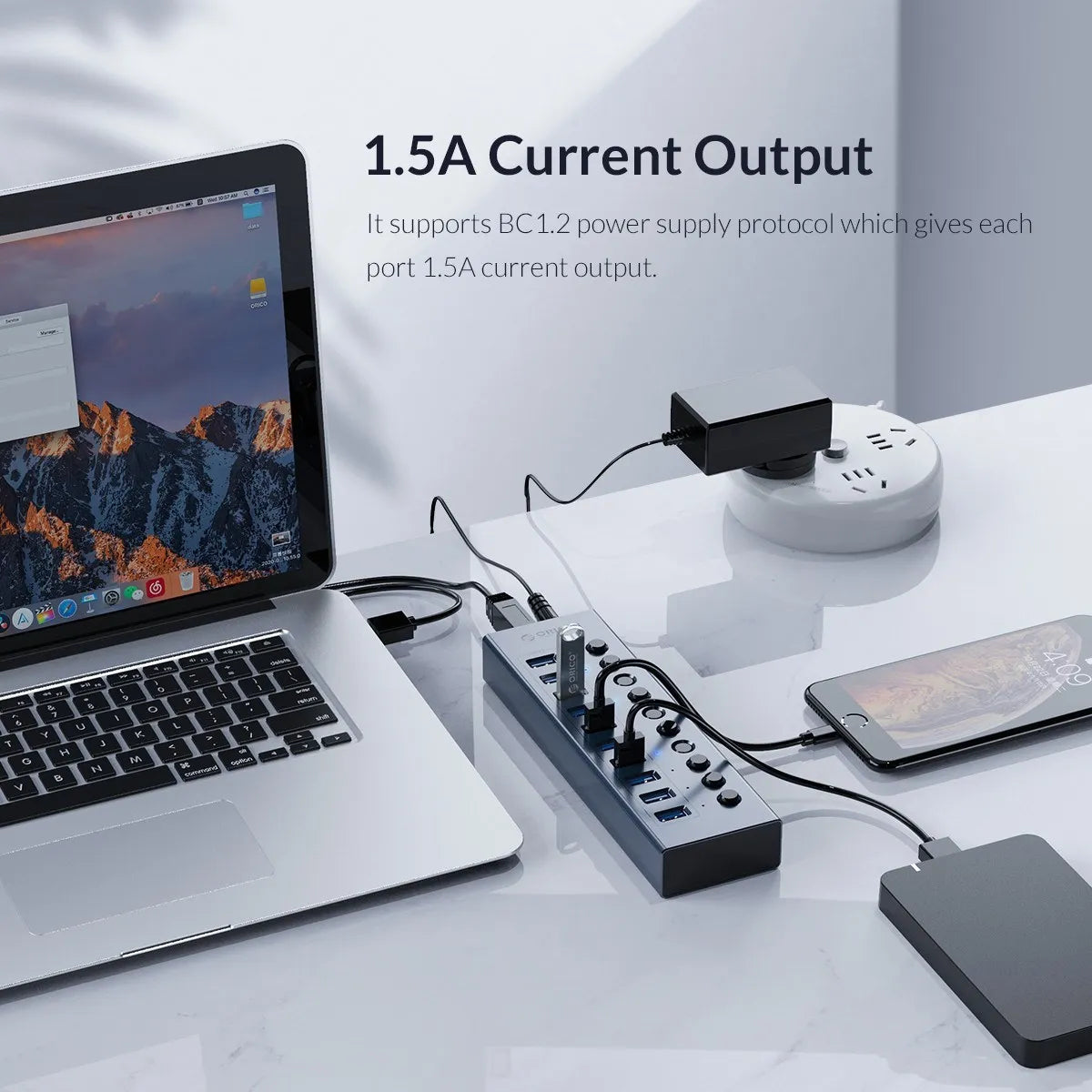 ORICO Aluminum Powered USB3.0 HUB 7/10 Ports USB Extension with Switches 12V Power Adapter Support BC1.2 Charging Splitter
