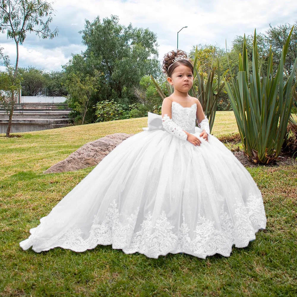 Long Sleeves Flower Girl Dresses For Weddings Toddlers Satin Bow Ball Gown Pageant Dress Sparkly 1st Communion Party Gowns
