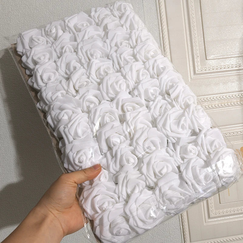 50pcs/package White PE Rose Artificial Flower Head With Stem DIY Bouquet Wedding Party Decoration Scrapbook Supplies