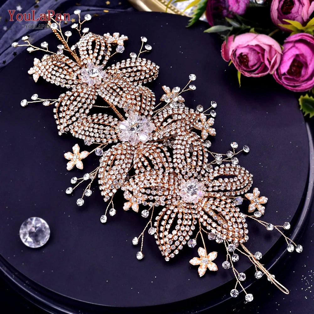 YouLaPan Golden Wedding Crystal Headband Hair Accessories Woman Wedding Hair Jewelry Rhinestone Bridal Tiara and Headdress HP240