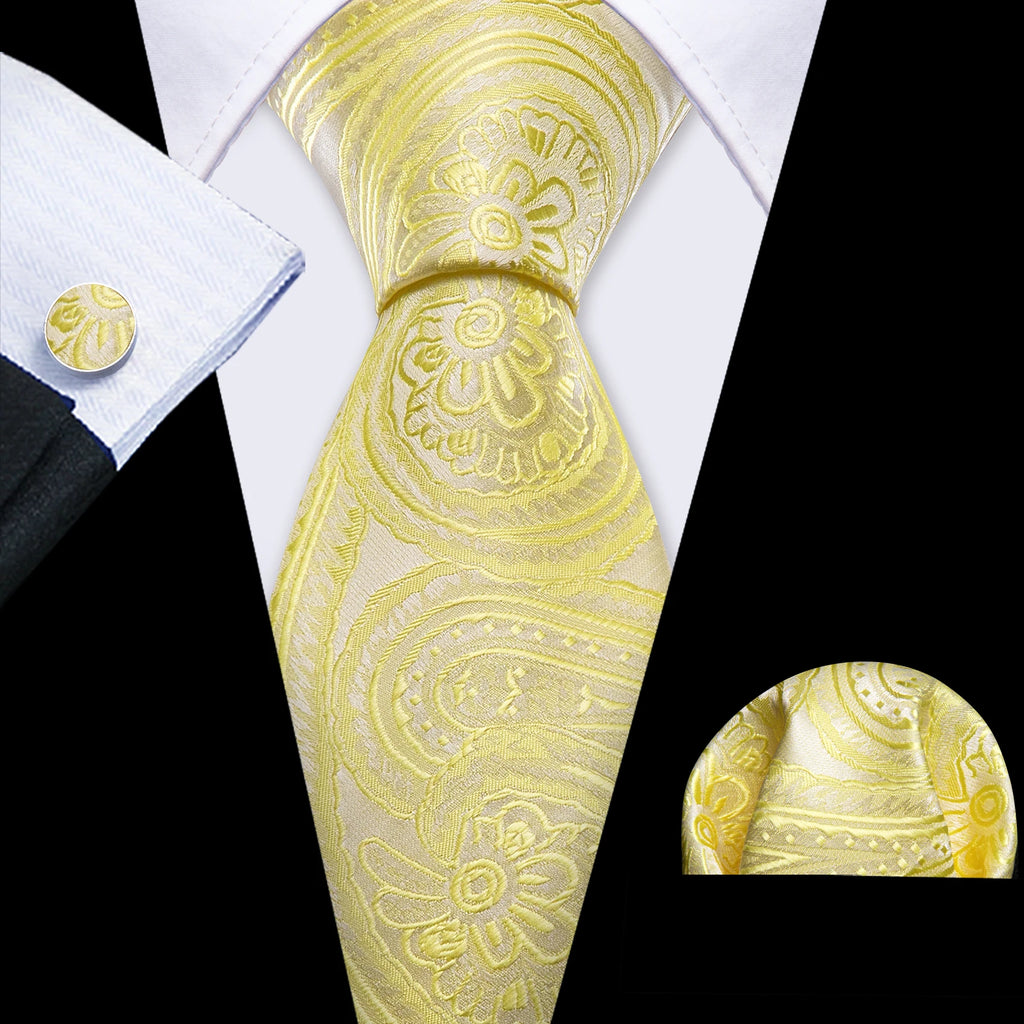 Barry.Wang Gold Beige Yellow Brown Tulip Silk Men Tie Handkerchief Cufflink Set Jacquard Necktie for Male Wedding Business Party