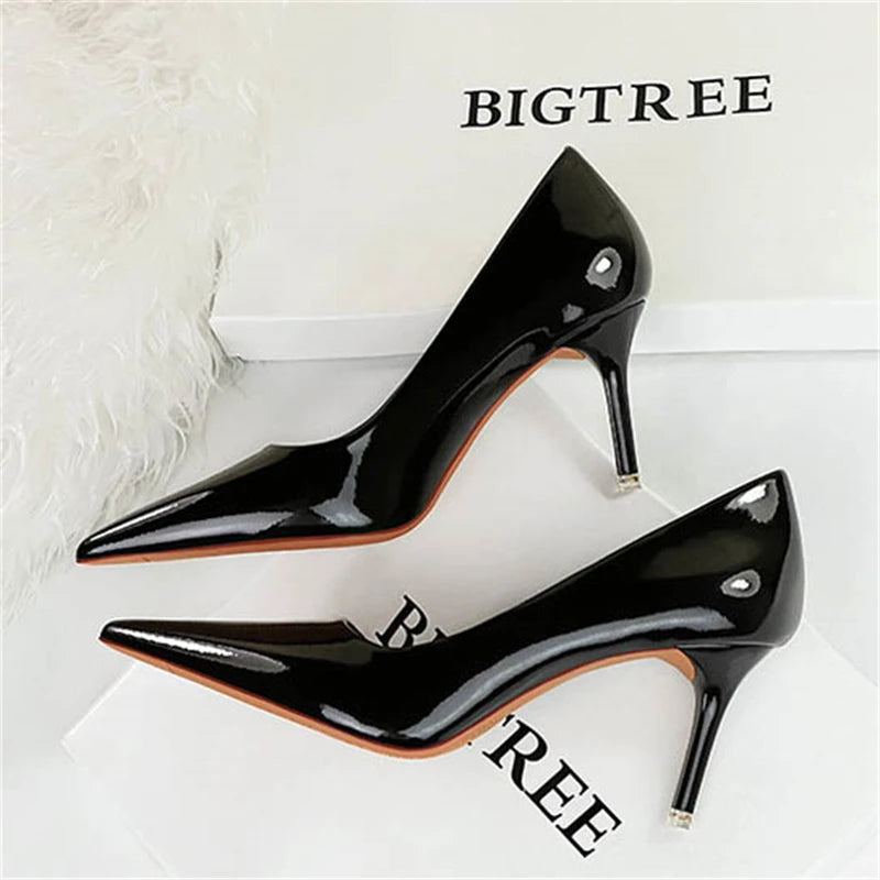 BIGTREE Elegant Simple Woman Heels Slim Heels High Heels Shallow Mouth Pointed Crystal Patent Leather Single Shoes  Women Shoes