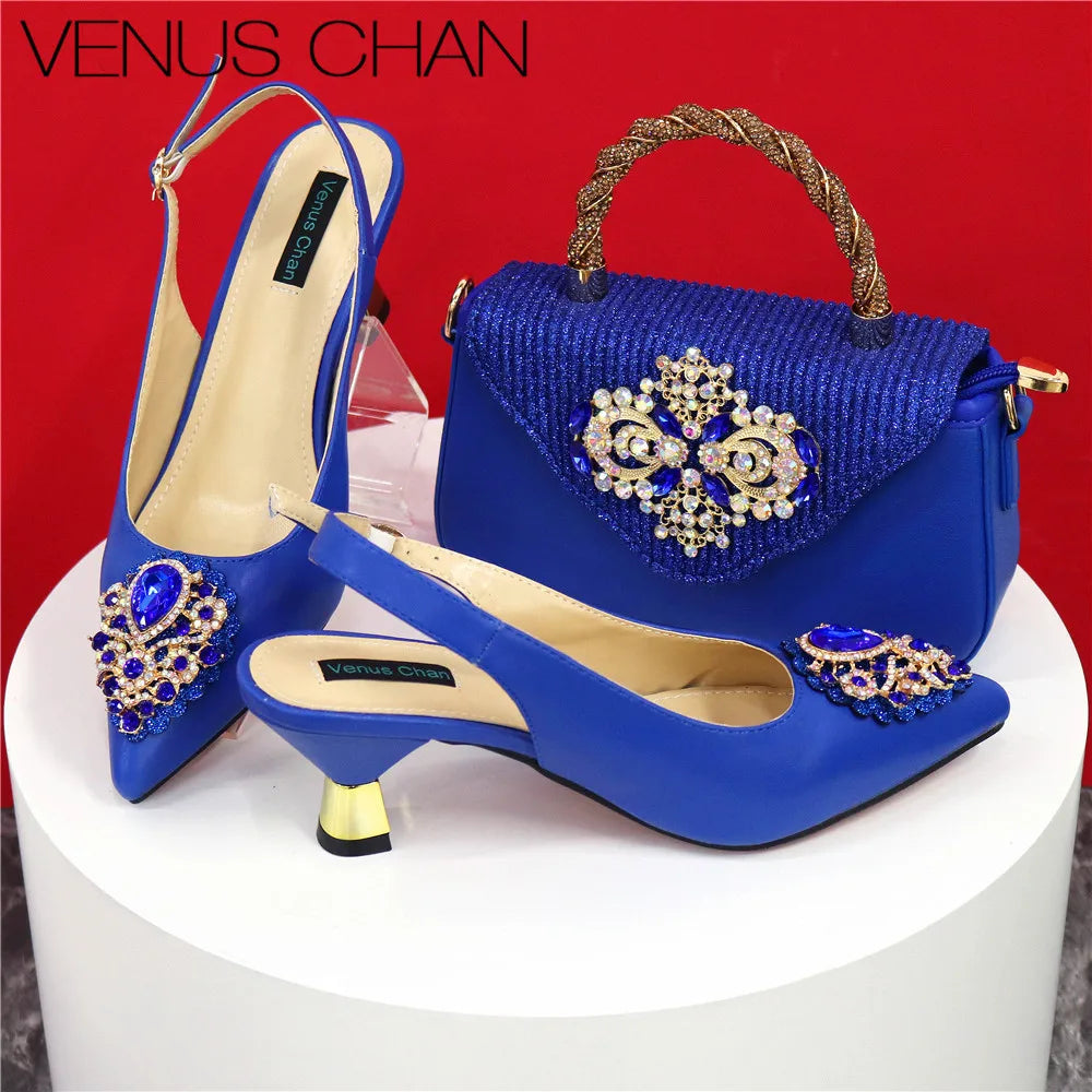 Italian 2024 Fashion Design Diamond Chain Full Diamond Bag And Pointed High Heels Noble And Generous Decoration Full Diamond