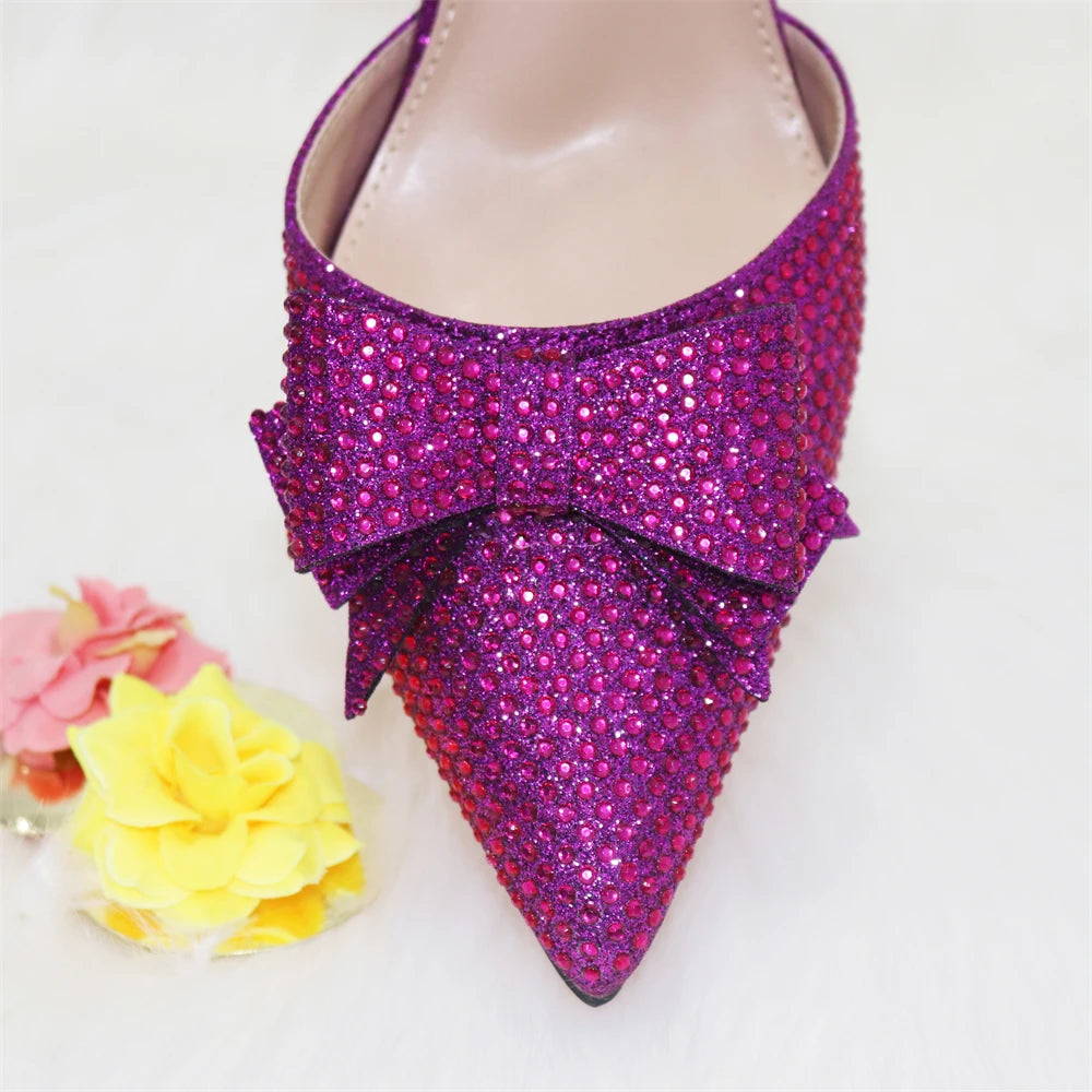 Venus Chan Bridal High Heels for Women 2023 Pointed Toe With Bows Gold Color Rhinestone  Elegant Party Wedding Shoe and Bag Set