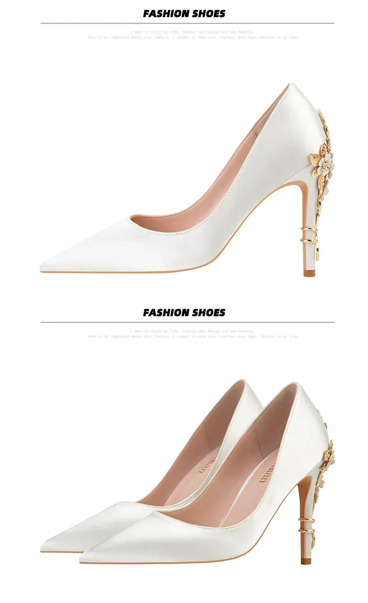 Women's Metal Flowers Stiletto High-heel Shoes Female  Light Luxury Sexy Fashion Wedding Shoes Pointed Toe Satin Single Shoes