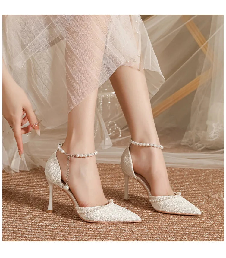 Size 30-44 Pearls Strap High Heels Lace Women White Wedding Shoes Stiletto Heel Point Toe Bride Bridesmaid