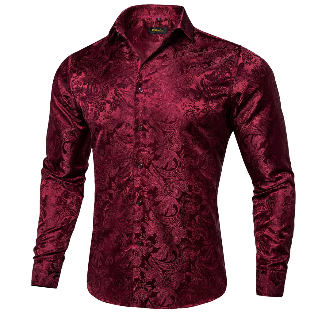 DiBanGu Silk Polyester Dress Shirts for Men Black Solid Paisley Red Silver Long Sleeve Turn Down Collar Prom Social Men's Shirt