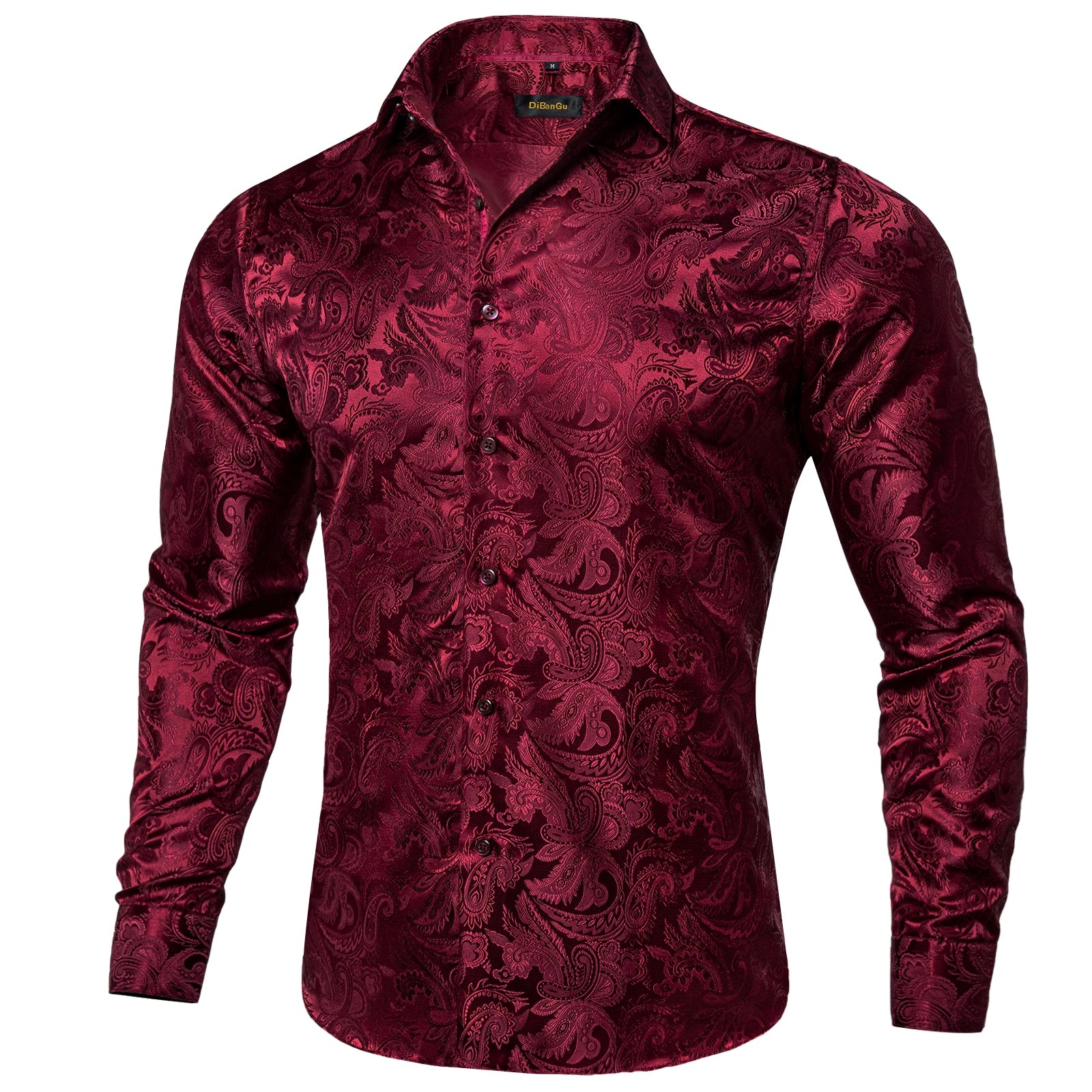 DiBanGu Silk Polyester Dress Shirts for Men Black Solid Paisley Red Silver Long Sleeve Turn Down Collar Prom Social Men's Shirt
