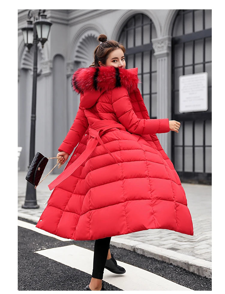 2025 Winter Women's Jacket Warm Fashion Comfortable Bow Belt Fox Fur Collar Clothes Long Dress Office Casual Women's Thick Coat
