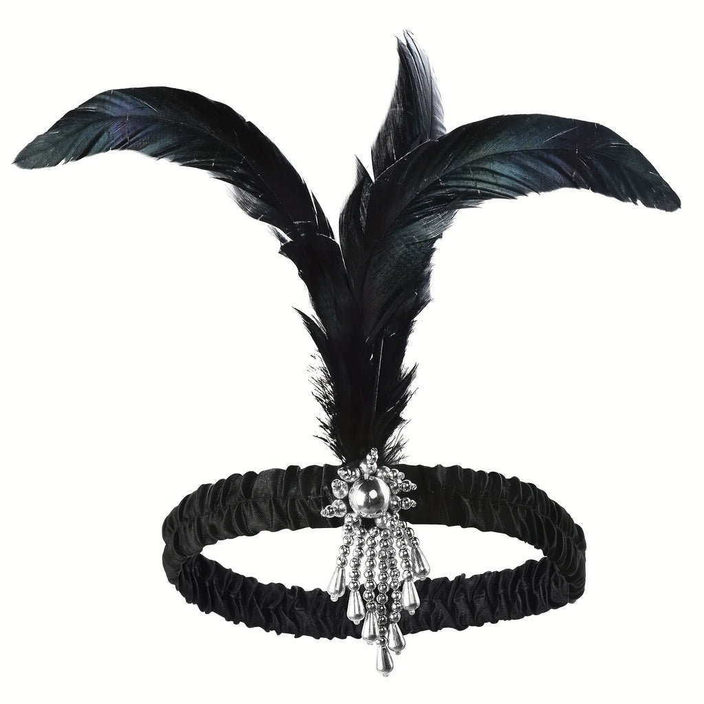 Women's Black Hair Accessories Beaded Sequin Hair Band 1920s Retro Gatsby Single Party Ladies Headwear Dress UP Feather Headband