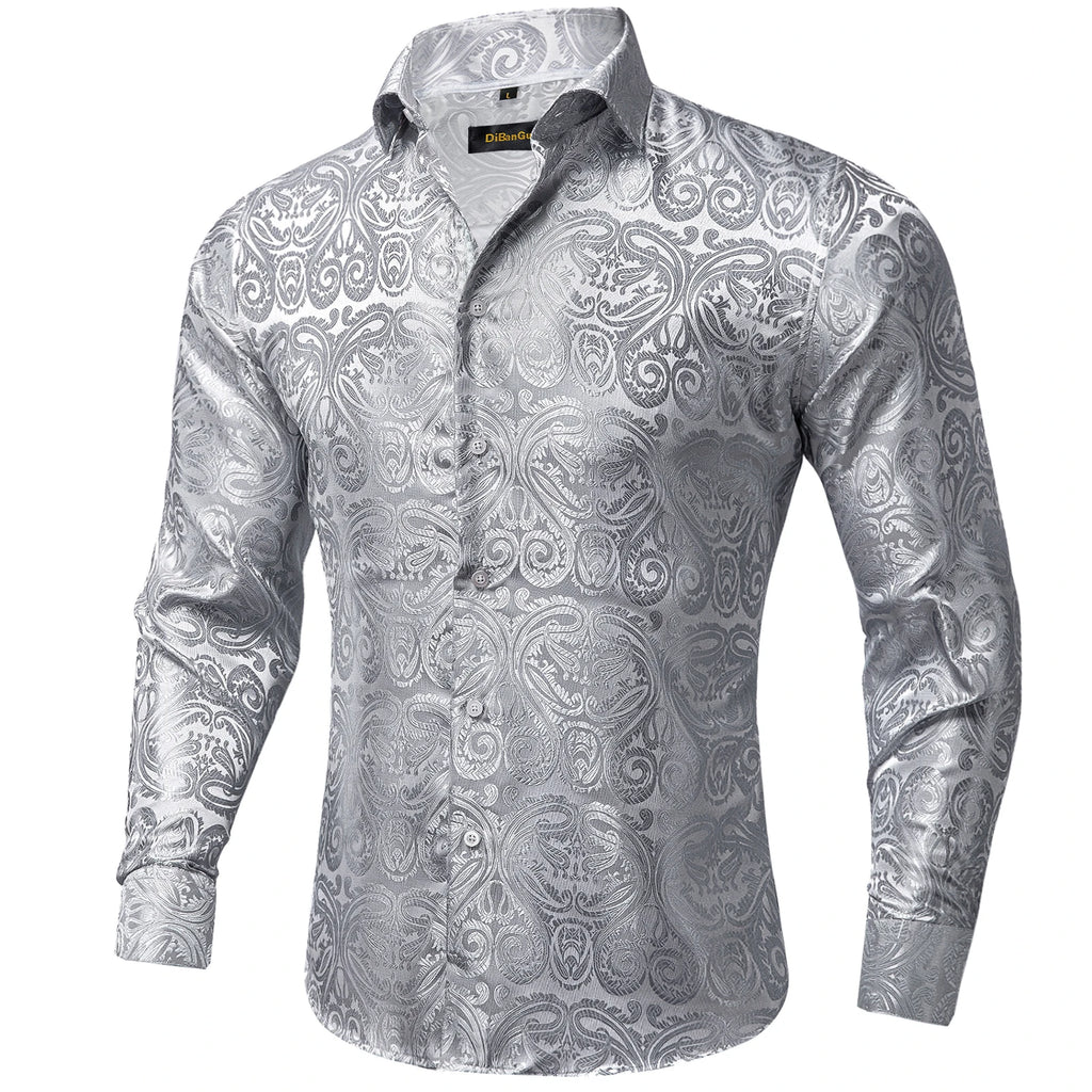 DiBanGu Silk Polyester Dress Shirts for Men Black Solid Paisley Red Silver Long Sleeve Turn Down Collar Prom Social Men's Shirt