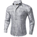 DiBanGu Silk Polyester Dress Shirts for Men Black Solid Paisley Red Silver Long Sleeve Turn Down Collar Prom Social Men's Shirt