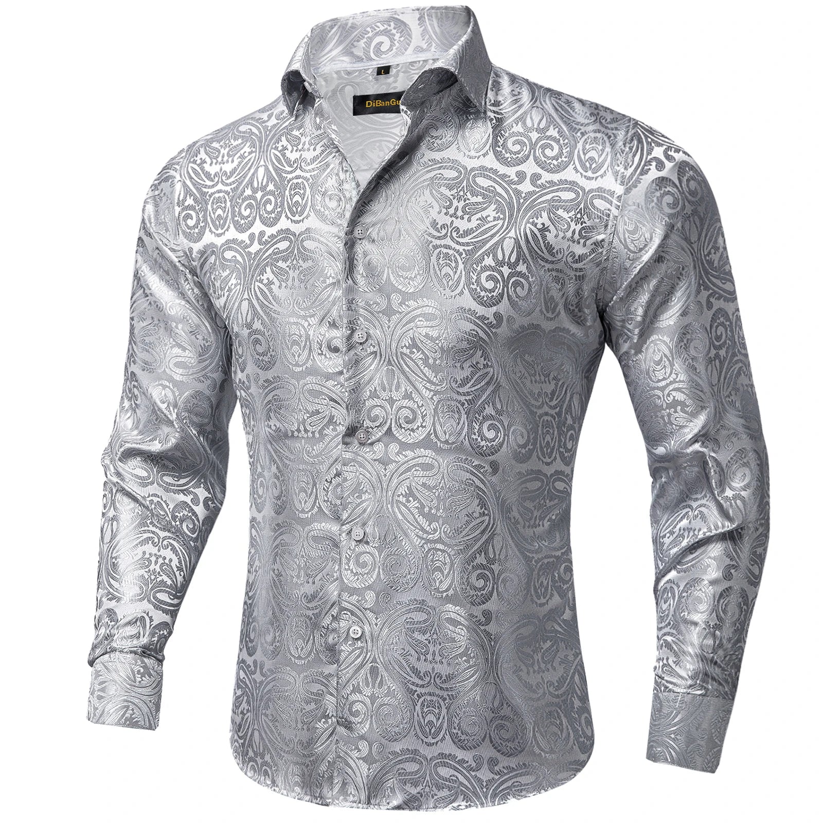 DiBanGu Silk Polyester Dress Shirts for Men Black Solid Paisley Red Silver Long Sleeve Turn Down Collar Prom Social Men's Shirt
