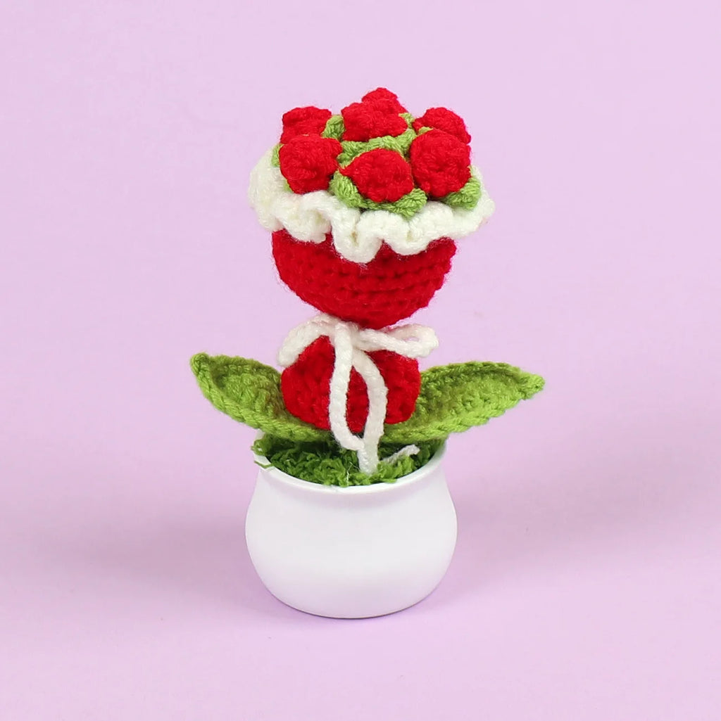 Finished Handmade Crocheted Rose Bridal Bouquet Potted Car Decoration Simulation Wool Flowers Office Decoration Creative