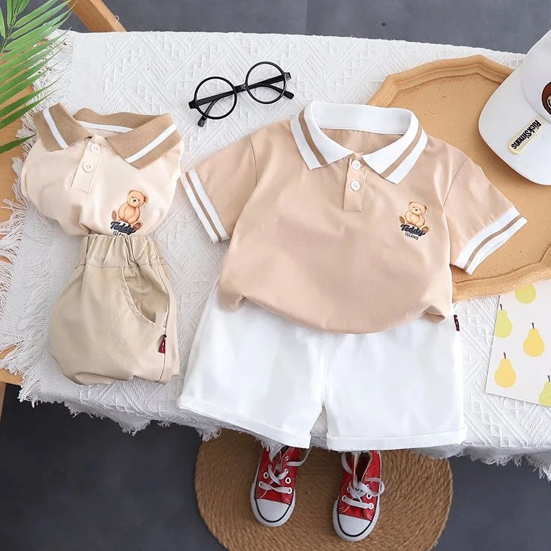 Cotton Summer Baby Children Shorts Pants Suit Polo T-shirt Todder Boy Girl Kids Cartoon Bear Cute Clothes Cheap Stuff 0-5 Years