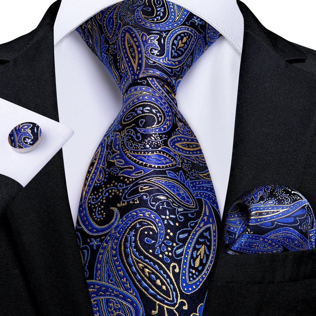 Royal Blue Paisley Plaid Striped Men tie Set with Handkerchief Cufflinks Wedding Prom Groom Accessories Perfect Gift for Men