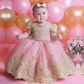 New Tailored Flower Girls Dresses Pink Tulle Gold Lace Puff Sleeve Kid Birthday Party Gown Christmas Dress First Communion Gown