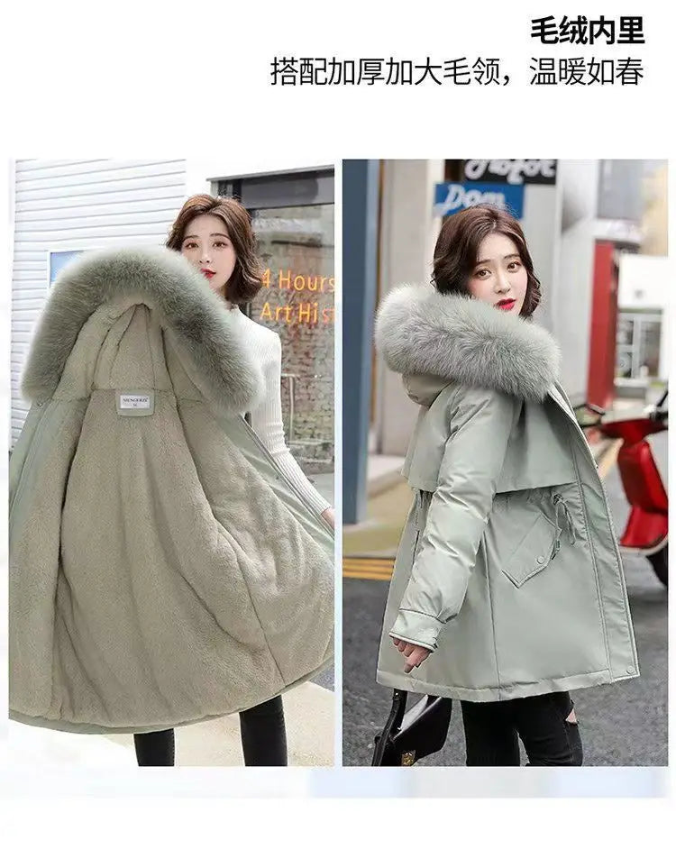 2025 Winter New Korean Edition Loose Thicken Cotton Jacket Women's Big Fur collar Hooded Coat Female Casual Warm Parker Overcoat