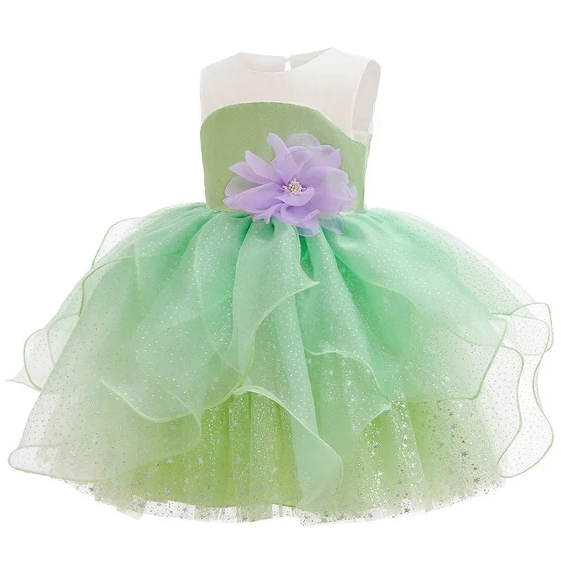 Baby Girl Clothing Flower Fairy Summer Dress For Girls Fashion Shiny Green Princess Dress Sleeveless Ruffle Children Dresses