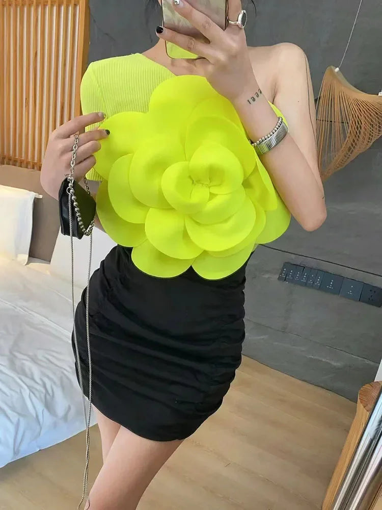 2024 New Summer Vest Women Three-dimensional Flowers Patchwork Slim Off-shoulder Backless Sleeveless Suspender Female