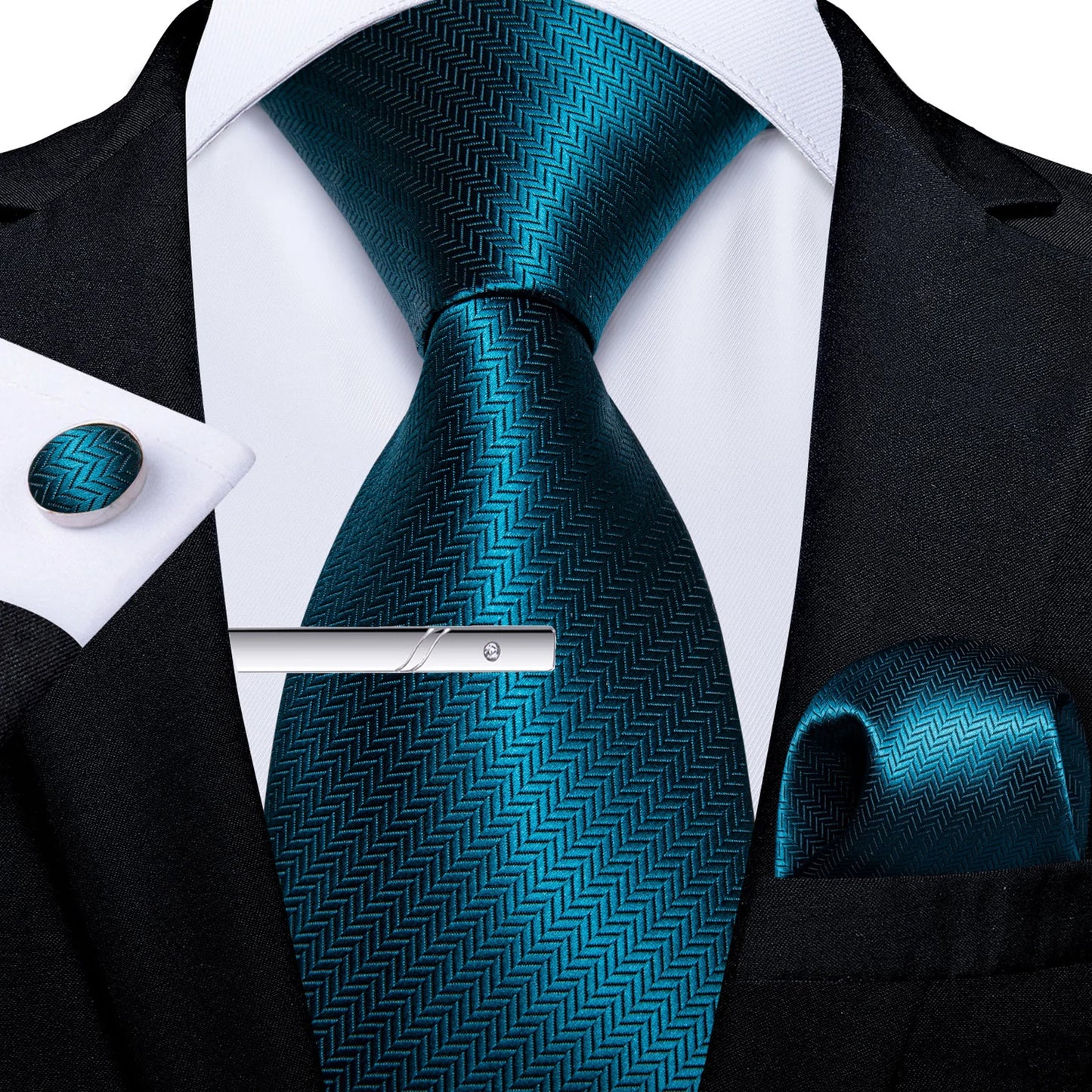 Men's Tie Set with Clip Luxury Retro Red Blue Floral 8cm Necktie Handkerchief Cufflinks Wedding Party Business Accessories Gift