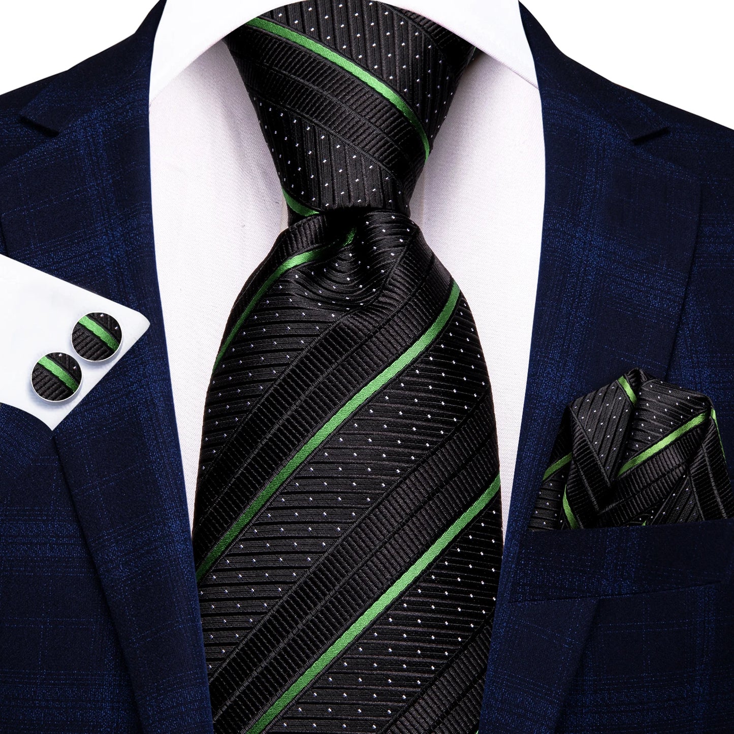 Hi-Tie Striped Black Purple Red Green Men Elegant Necktie Hanky Cufflinks for Tuxedo Fashion Classic Silk Luxury Tie for Man