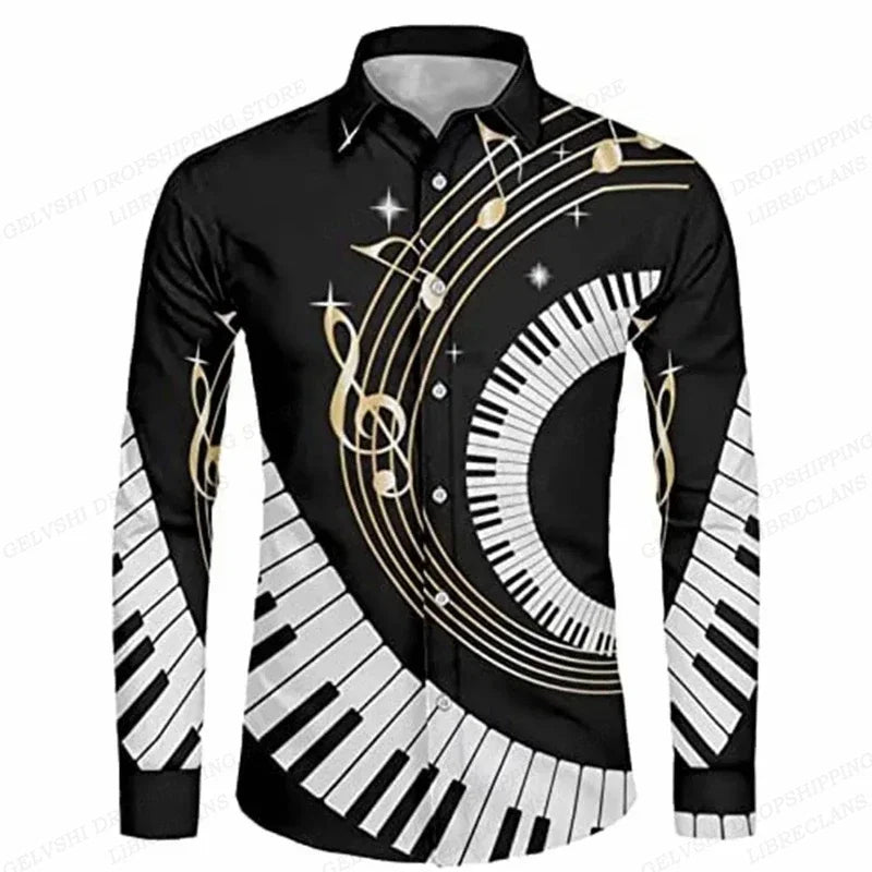 Long Sleeve Hawaiian Shirts Men Fashion Music Hawaii Shirt Instrument Beach Blouses Single Breasted Camisas Men's Clothing Aloha