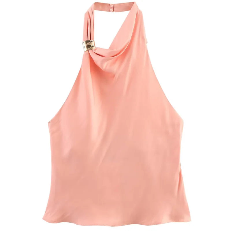 TRAF Satin Skirt Set Elegant Women's Sets Backless Halter Top Woman 2 Piece Set Outfit Fashion Midi High Waist Wrap Skirt Suits