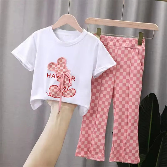Girl's Sports Suit Summer Children Short-sleeved Sets 2025 New Kids T-shirt+Flare Pants 2Pcs Outfits 2-10Y Girl Cartoon Clothing