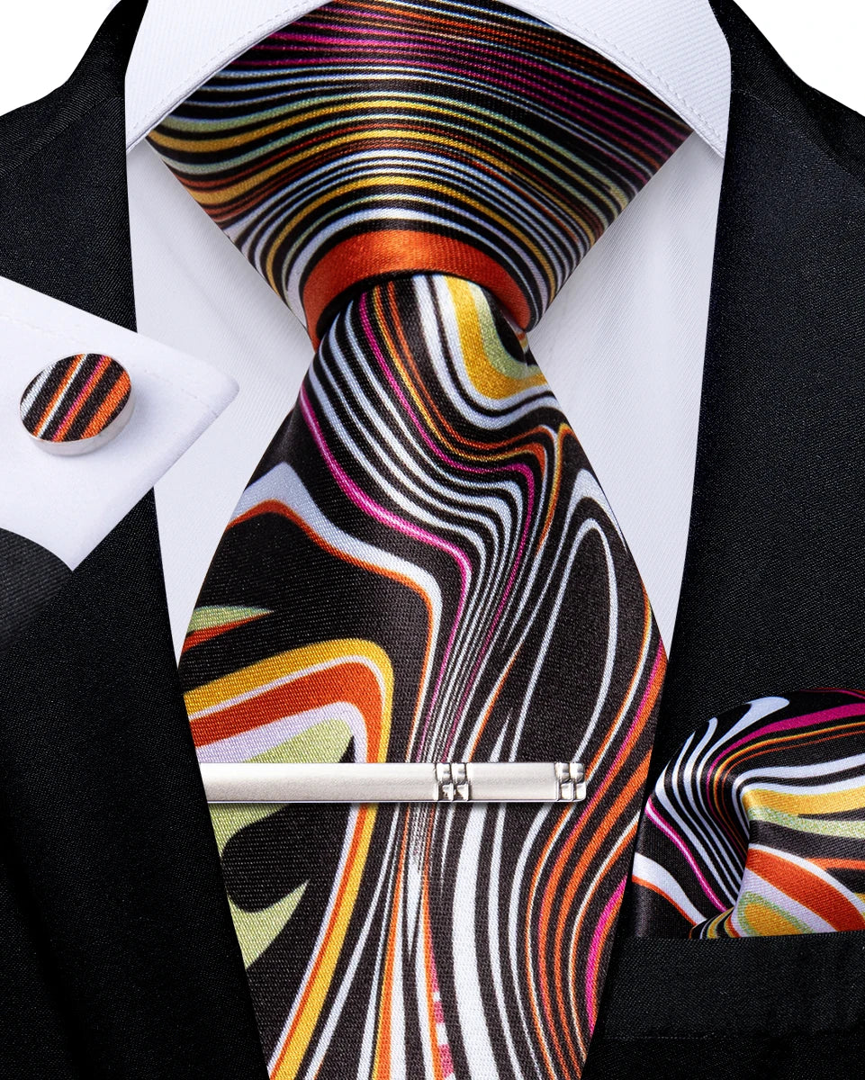 Men's Tie Set with Clip Luxury Retro Striped Floral 8cm Necktie Handkerchief Cufflinks Wedding Party Business Accessories Gift