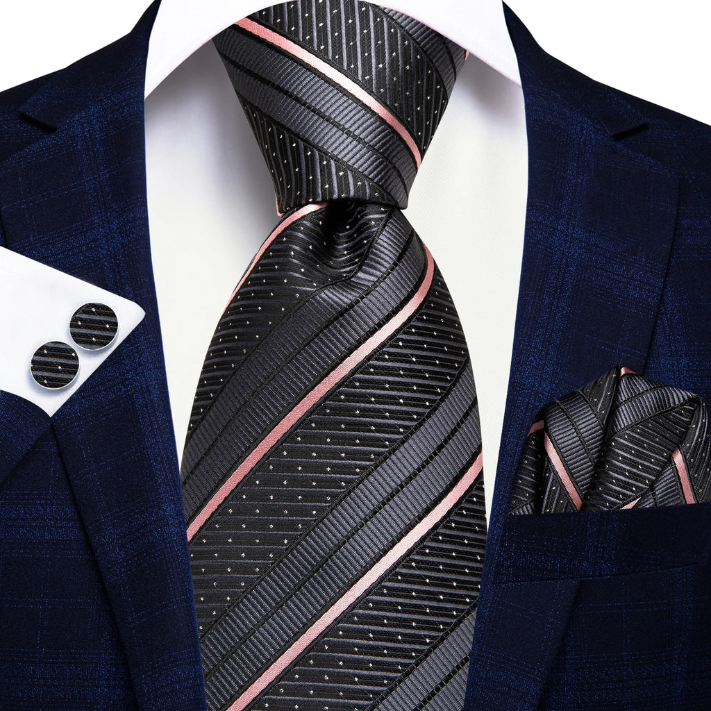 Hi-Tie Striped Black Purple Red Green Men Elegant Necktie Hanky Cufflinks for Tuxedo Fashion Classic Silk Luxury Tie for Man