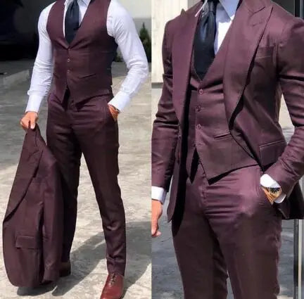 Solid Color Fashion Men Boutique Business Suits Wedding Suit Formal Groom Tuxedos 3 Pcs Set Dress Peak Lapel Blazer Vest Pants