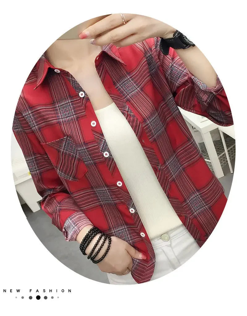 2024 Autumn New College Style Plaid Shirts Womens Long sleeve Button Down Casual Tops Loose Fashion Polo Neck Blouses