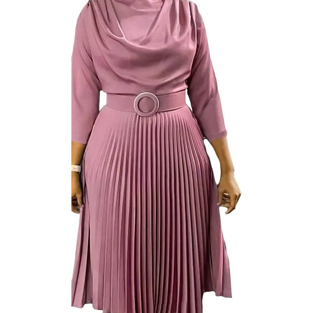 Elegant Pleated Dress for Women Professional Round Neck Full Sleeve Belt Waisted Mid Calf Formal Business Work Dress New