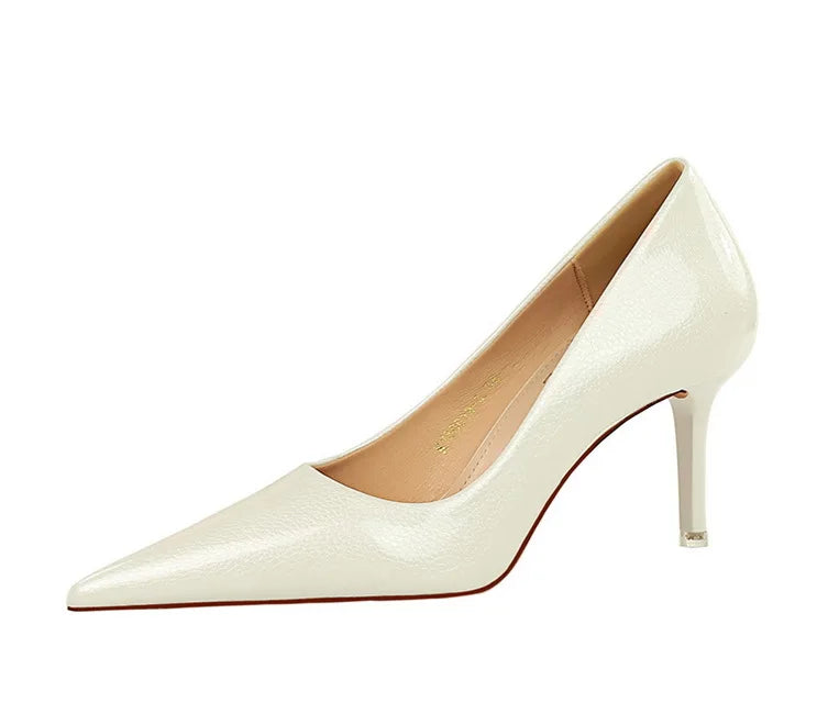 BIGTREE Elegant Simple Woman Heels Slim Heels High Heels Shallow Mouth Pointed Crystal Patent Leather Single Shoes  Women Shoes